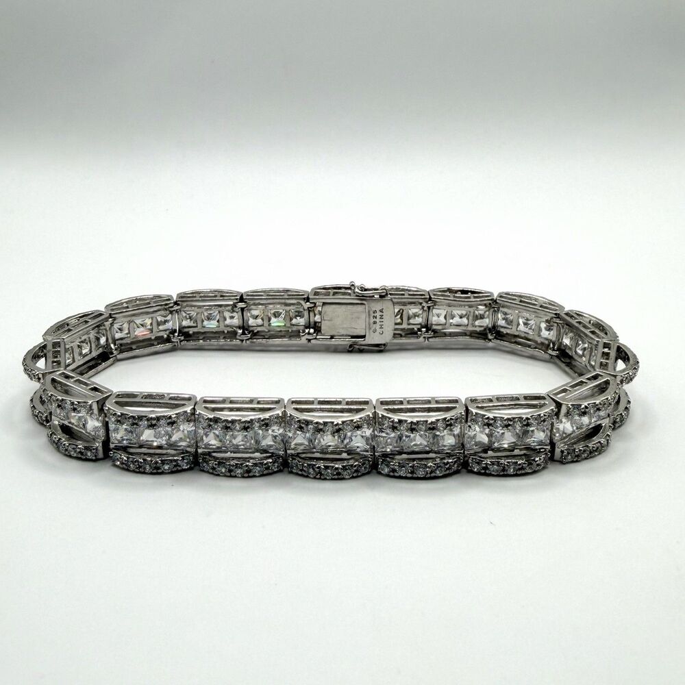 925 Sterling Silver Clear Crystal Tennis Bracelet 8" 31.5g 0.39" Wide